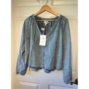 FRAME Womens XS Chambray Peasant Top Long Sleeve Tie Neck Blouse‎